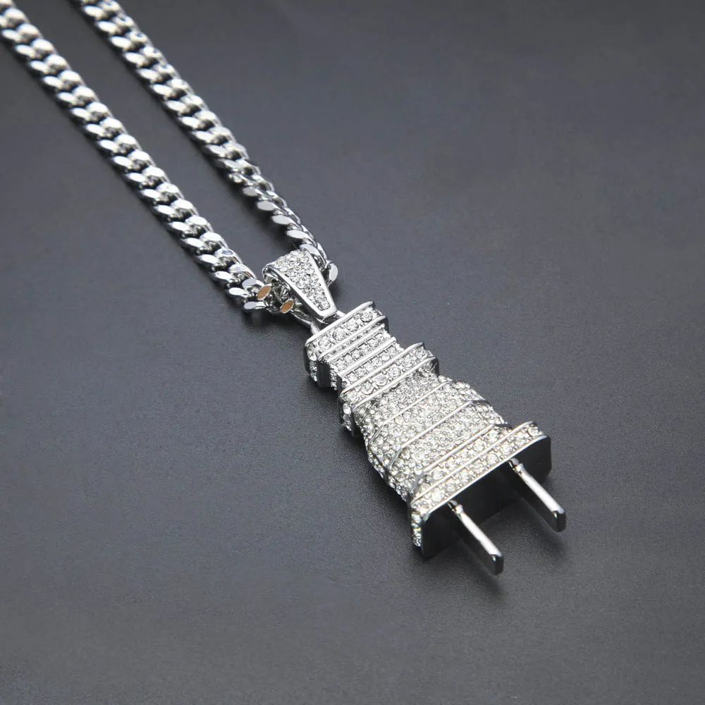 Hip Hop Mens Iced Out Plug Pendant Necklace Gold Silver Color Charm Micro Pave Full Rhinestone Hip Hop CZ Bling Necklace Jewelry233k