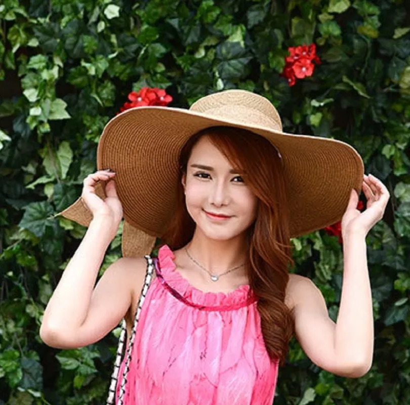女性夏のファッション折りたたみ式ちょう結び白い太陽の帽子広い大きいブリムトラベルビーチキャップサン保護帽8色