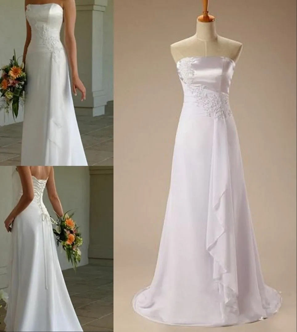 Новейшие белые элегантные шифоновые свадебные платья трапециевидной формы без бретелек 2017, аппликации из бисера на шнуровке, свадебные платья больших размеров B257R