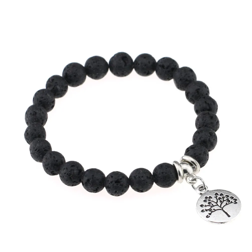 Bracciali con perline di roccia lavica calda Timone albero croce piuma stella fascino Bracciale elasticizzato in pietra naturale nera gioielli artigianali di moda da donna