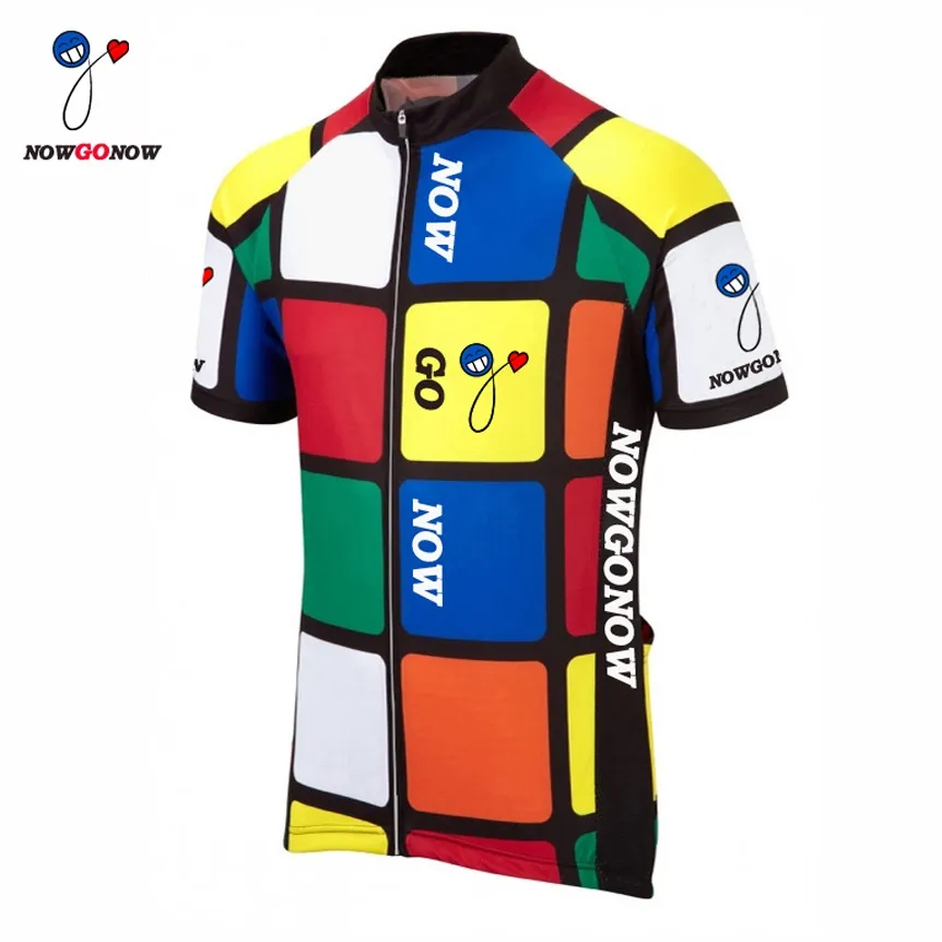 Custom 2017 Cycling Jersey Mannen Tour Kleding Fietsslijtage NowGonow Retro Jersey Pro Racing Ropa Ciclismo MTB Road Bicicleta Kleur Vierkanten Grappig