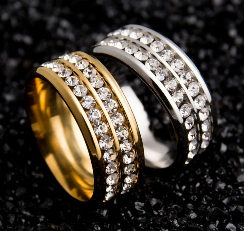 Moda 18k banhado a ouro banhado a aço inoxidável dois linhas Anéis de cristal austríacos para homens mulheres amantes anéis de dedo homens anel jóias de casamento