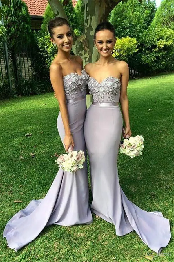 Lilac Lace Applique Long Bridesmaid Dresses Prom Gowns 3D Flowers bridesmaid gowns Wedding Guest Dress Sweetheart Sash Satin Party Dresses