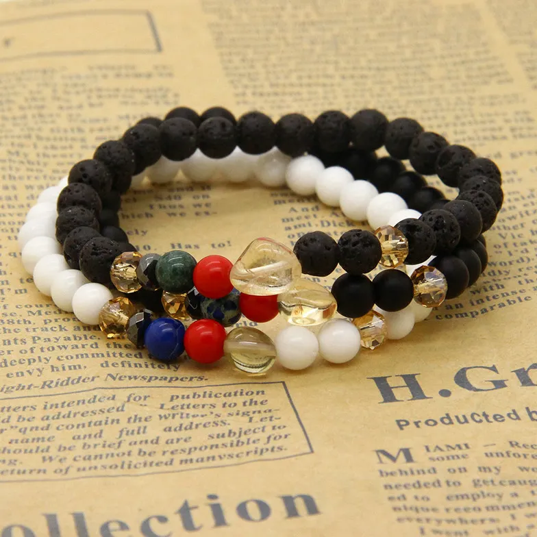 Partihandel Billiga Armband 10st / Five Styles Stone With 6mm Matt Agate Lave And White Stone Lucky Beads Armband