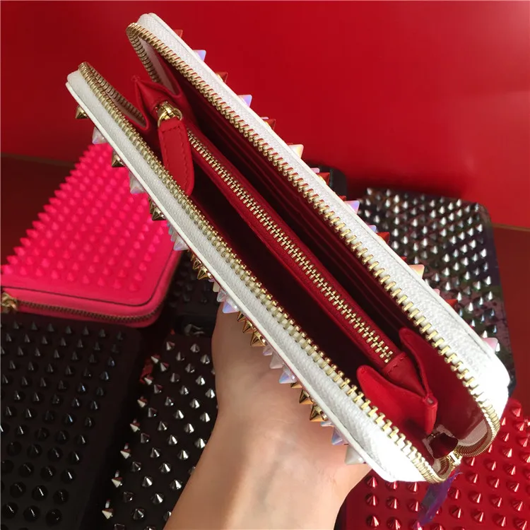 Style Red Bottom wallets Panelled Spiked Clutch Women Patent Real Leather Mixed Color Rivets bag Clutches Lady Long Purses with Sp335j