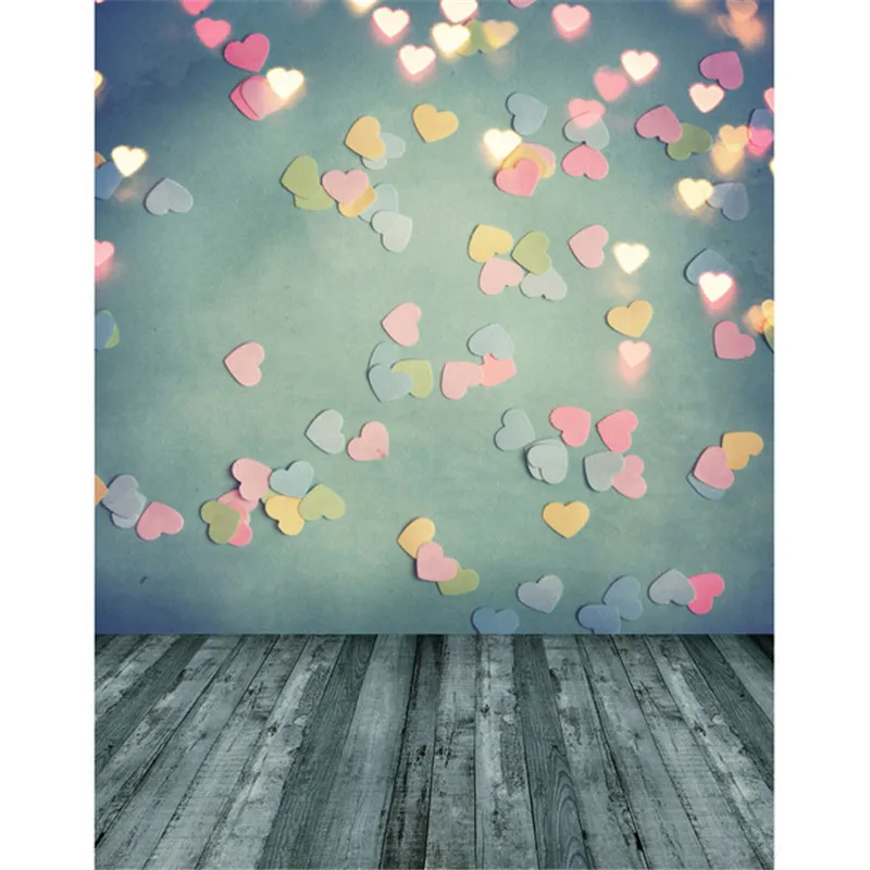 Fondo de fotografía pared verde brillo rosa corazones luces doradas puntos suelo de madera gris bebé foto fondos para estudio