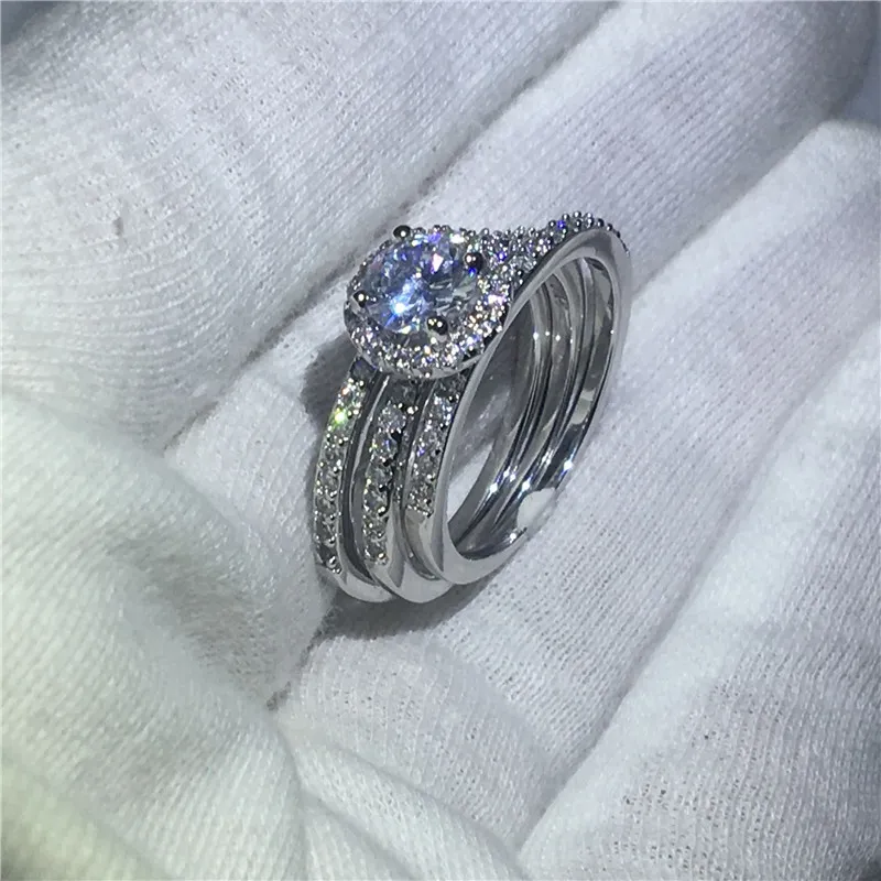 Sparkling Fashion rings 5A zircon stone 3-in-1 Engagement wedding band ring for women men White Gold Filled Female Bijoux