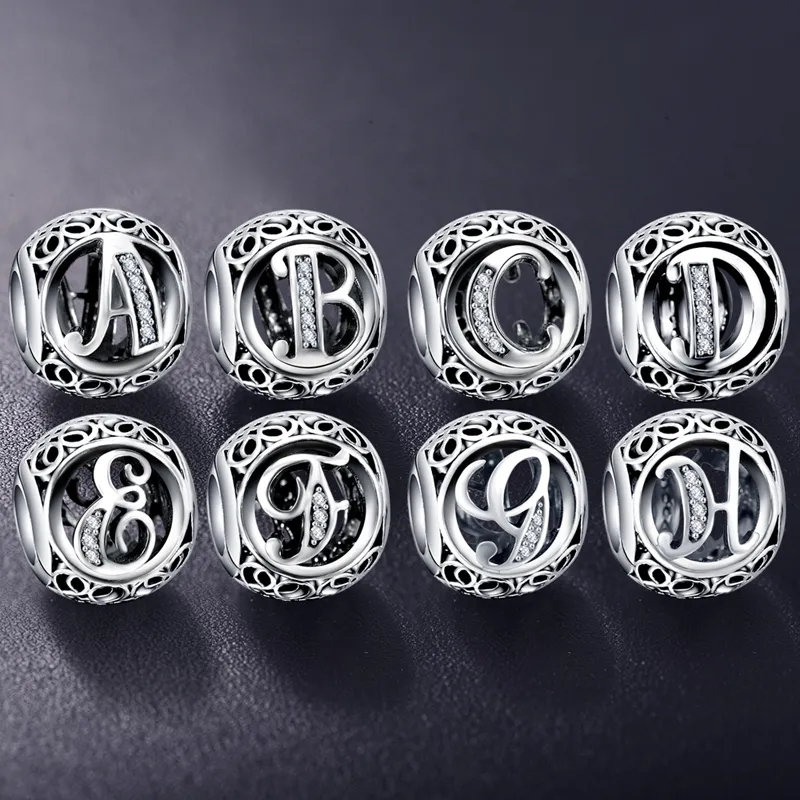 Wholesale Authentic 925 Sterling Silver Vintage Clear Letter Bead Charms Fit Pandora Women Charm Bracelets Silver Jewelry