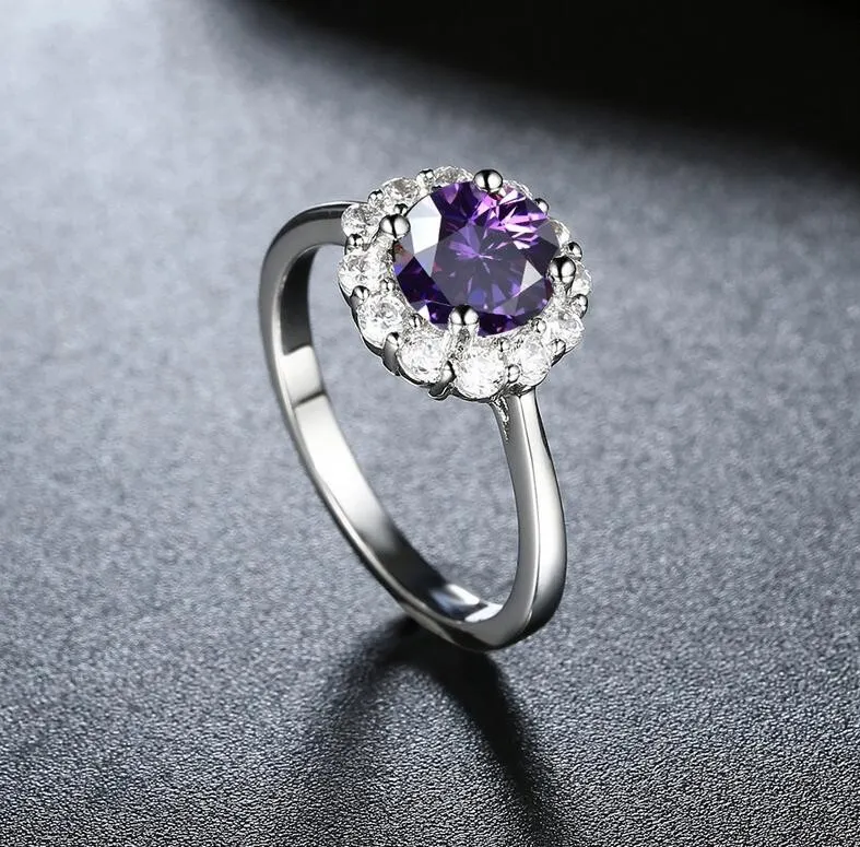 Wholesale Fashion Jewelry 18K White Gold Filled Solitaire Multistone CZ Diamond Amethyst Ruby Women Wedding Band Finger Ring for Lover Gif