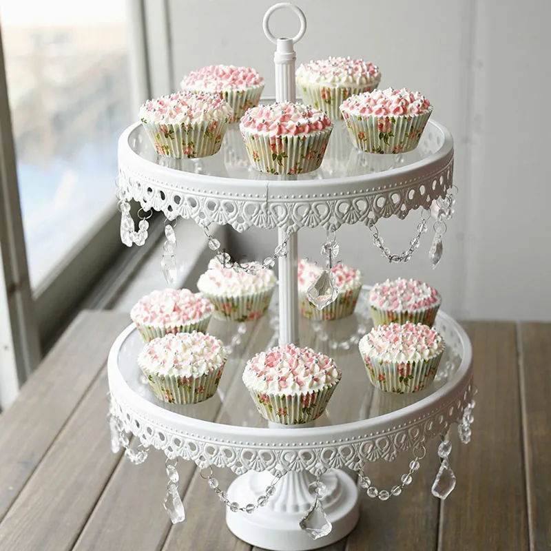 Soporte de la torta de vidrio de 2 niveles de hierro blanco cany cookie display bandeja de la mesa de banquete de boda decoración proveedor hornear pasteles herramientas de la torta