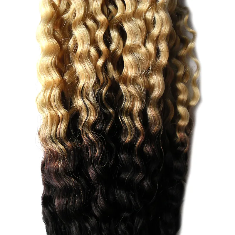 Ombre Menselijk Haar Kinky Krullend Micro Loop Menselijk Hair Extensions 1G 1B / 613 Blonde Hair Extensions 100g