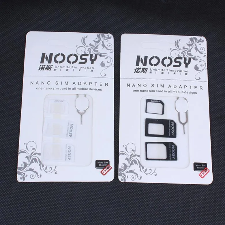 4 in 1 NOSY NANO SIM-kaartadapter Sets Micro Standaard SIM-kaart Tools SIM-kaart PIN Androidiphone met DOWERSBOX 