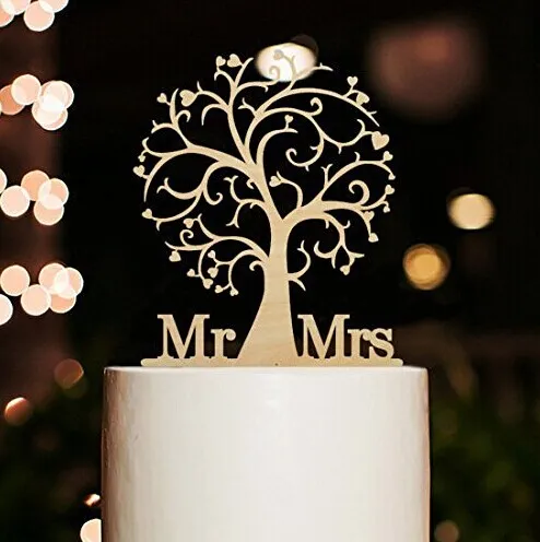 Partihandel-Mr Mrs och Tree Style Cake Topper med ditt efternamn Akrylkaka Topper för bröllop / Årsdag / Födelsedagsfest