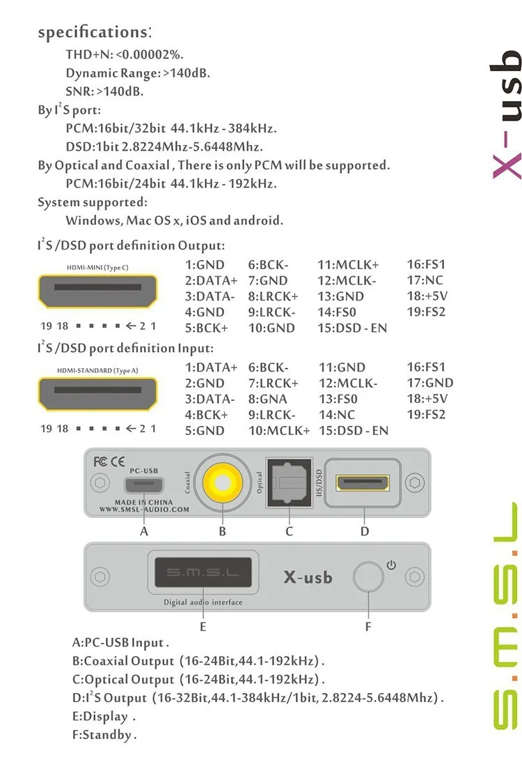 SMSL X-USB XMOS USB to Spdif Audio Converter Optical Coaxial DAC 384KHZ IIS DSD64DSD128 Jitter DFU HiFi Digital LVDS HDMI Black 10