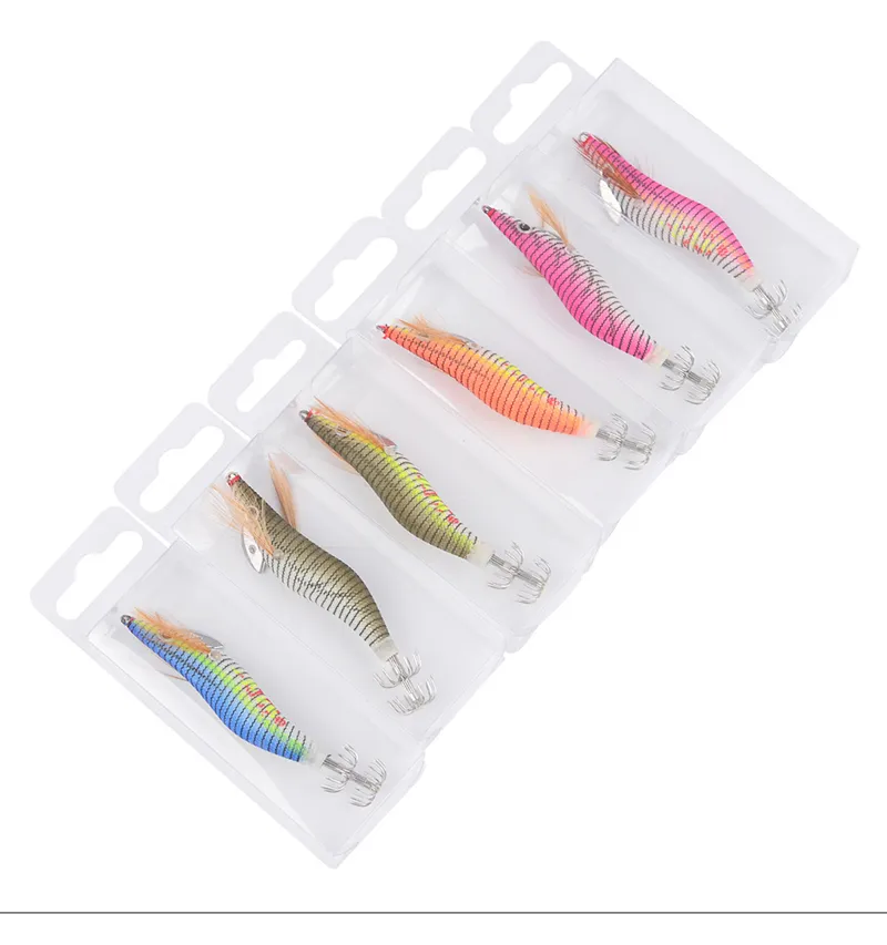 Luminous wooden shrimp squid lure 2# fishing hooks 8cm 5.5g Squid Jigs Cuttlefish crankbait Artificial Shrimp Bait