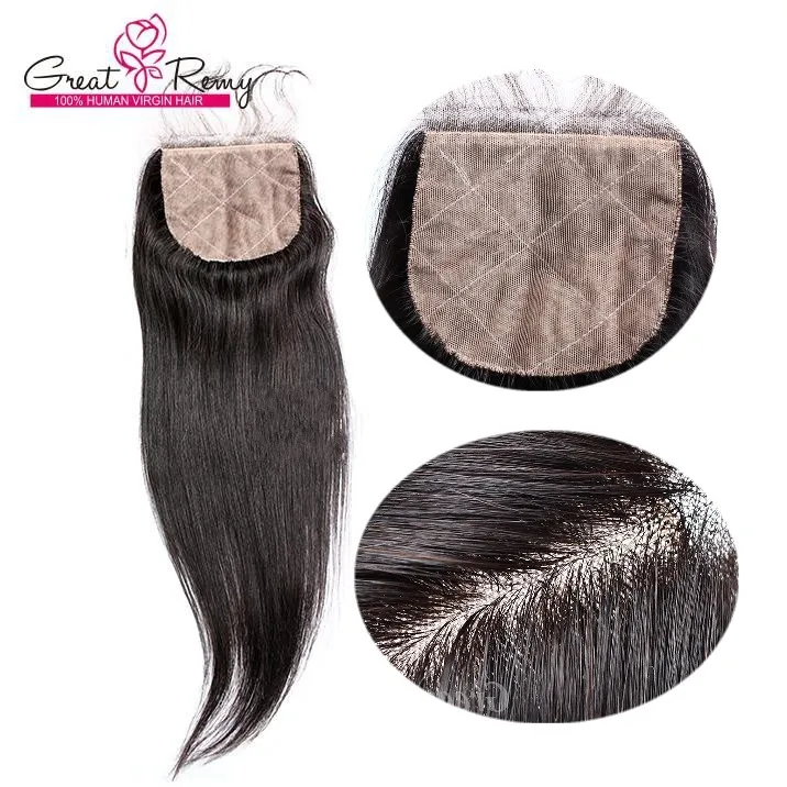Virgin Brasilian Rak Hår Silk Base Lace Closure Straight Human Hair Closure Bleach Knots Greatem Fabrik Gratis / Mellan / 3 Del