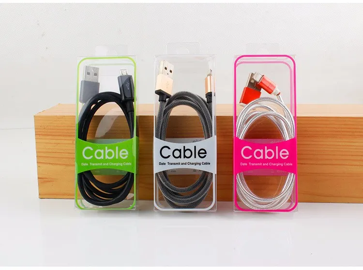 50pcs تصميم الشخصية بالجملة لصندوق التغليف التجزئة لكابل USB حزمة الكابلات البلاستيكية مربع لمدة 1.5 متر خط البيانات