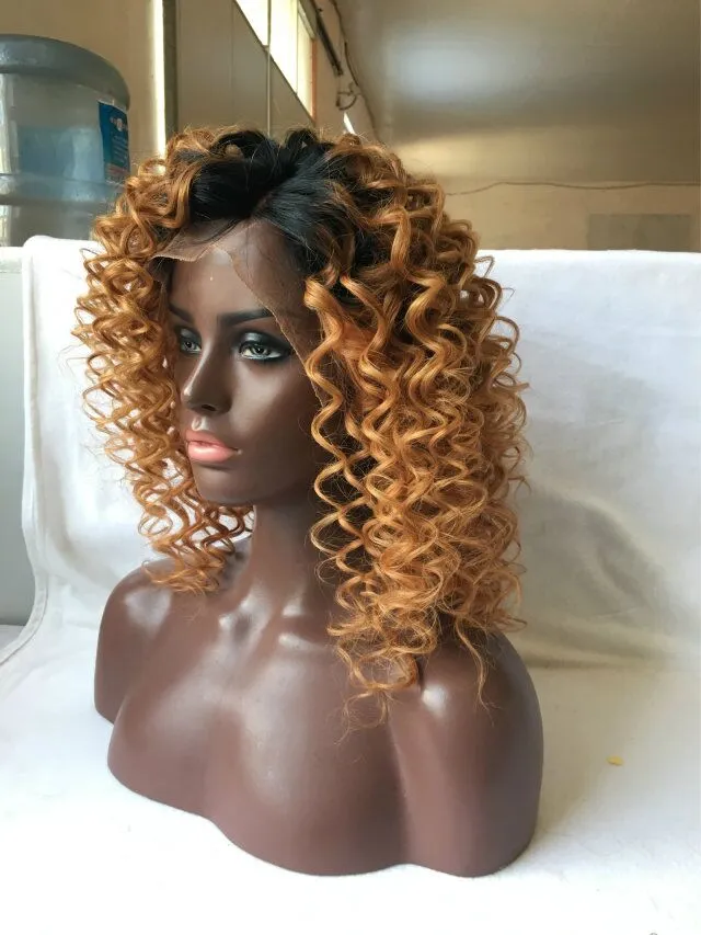 Ombre afro crespi ricci brasiliani parrucca piena del merletto dei capelli umani ombre # 1b 27 parrucche anteriori del merletto parrucca riccia dei capelli umani le donne nere