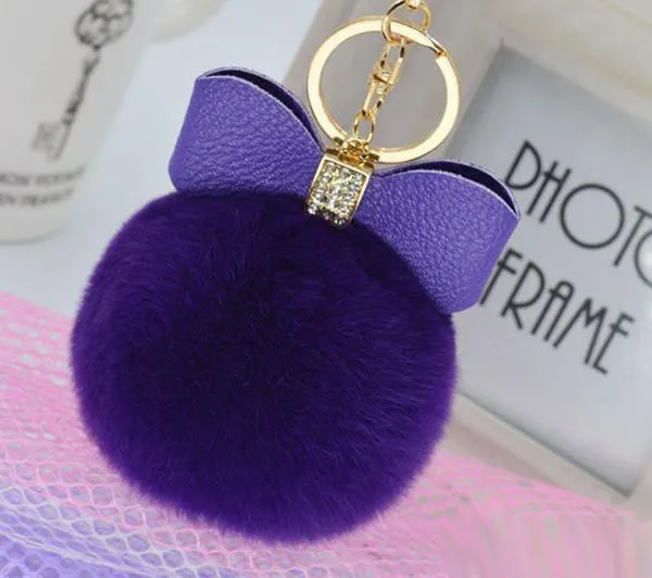 DHL GRATIS Bowknot Päls Pom Keychain Real Rex Rabbit Fur Ball Key Chains Fur Key Ring Nyckelring för väska