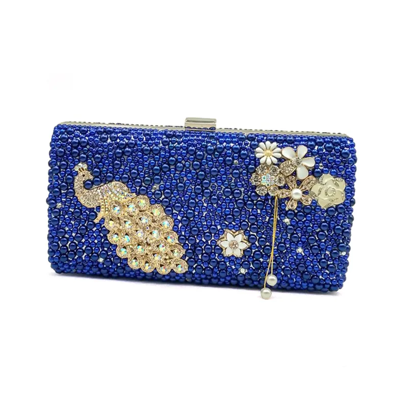 Königsblaue Perlen-Brautschuhe mit passender Tasche, wunderschönes Design, Pfauen-Stil, Strass-Hochzeitsparty-Schuhe mit Clutch357Q