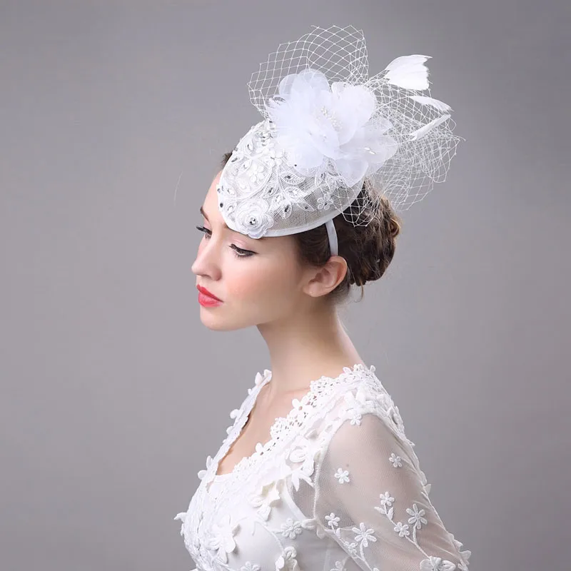 HQ blanc élégant manuel complet chapeaux de mariée mariages événements tissu filet voiles de mariée casquette d'affaires avec livraison gratuite