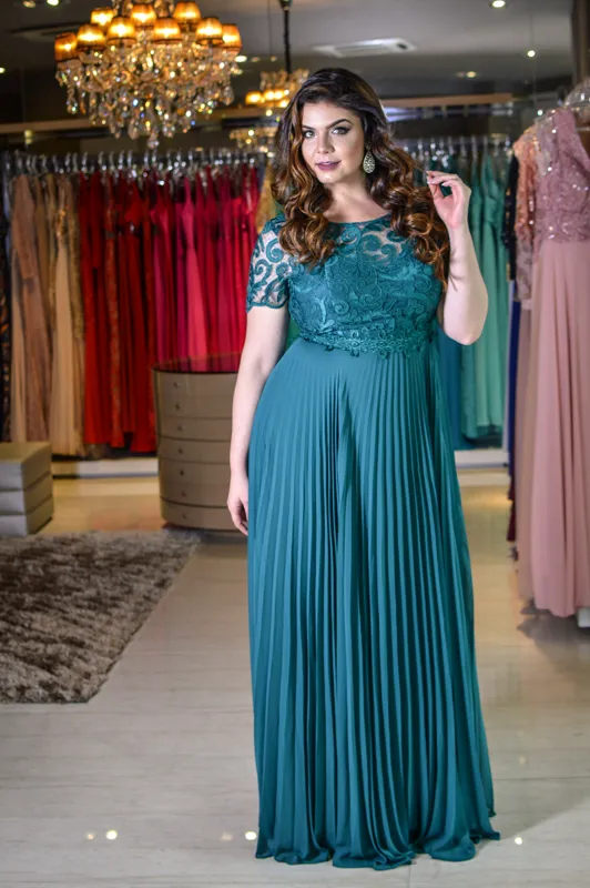 Günstige Plus-Size-Abendkleider aus Spitze mit kurzen Ärmeln, transparenter Bateau-Ausschnitt, A-Linie, plissierte Ballkleider, günstiges bodenlanges formelles Chiffon-Kleid