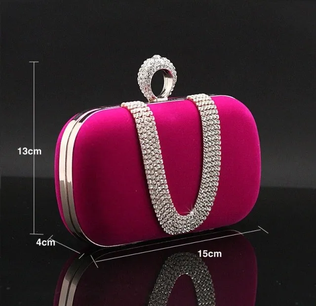 2017 Top vendendo moda feminina diamante de U Forma Diamond Ring Velvet Evening Bag Dedo Luxo Clutch da festa de casamento da bolsa saco com corrente