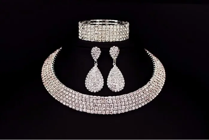 Venda imperdível noiva clássico strass cristal gargantilha colar brincos e pulseira conjuntos de joias de casamento acessórios de casamento joias de noiva