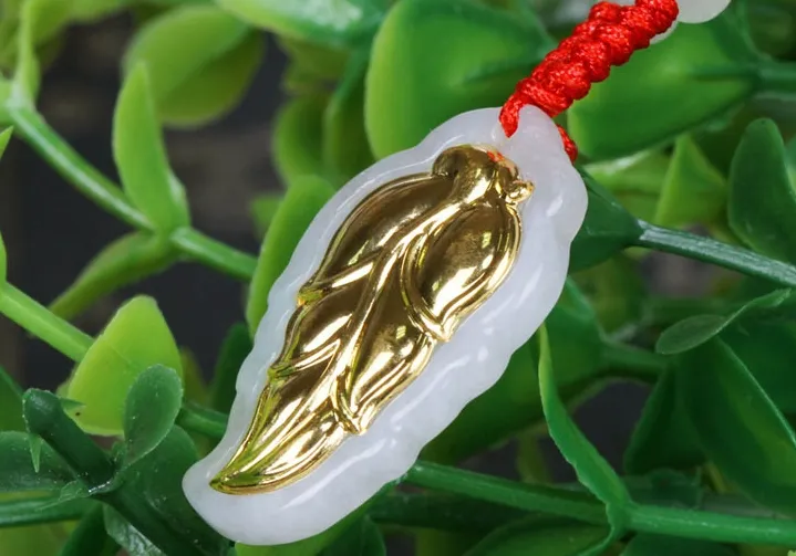 Gold eingelegtem Jade Blatt  Set von großen militärischen Jadeites Anhänger Charm Halskette Anhänger
