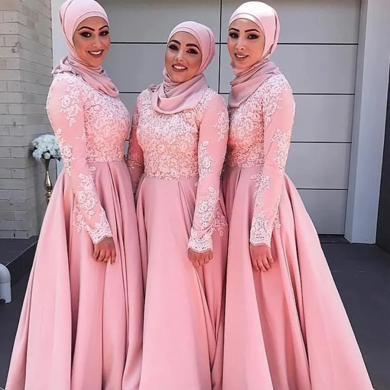 Blygsam 2019 muslim brudtärna klänningar hög nacke långärmad en linje rosa spets och satin arabric modern bröllop gäst klänningar skräddarsydda
