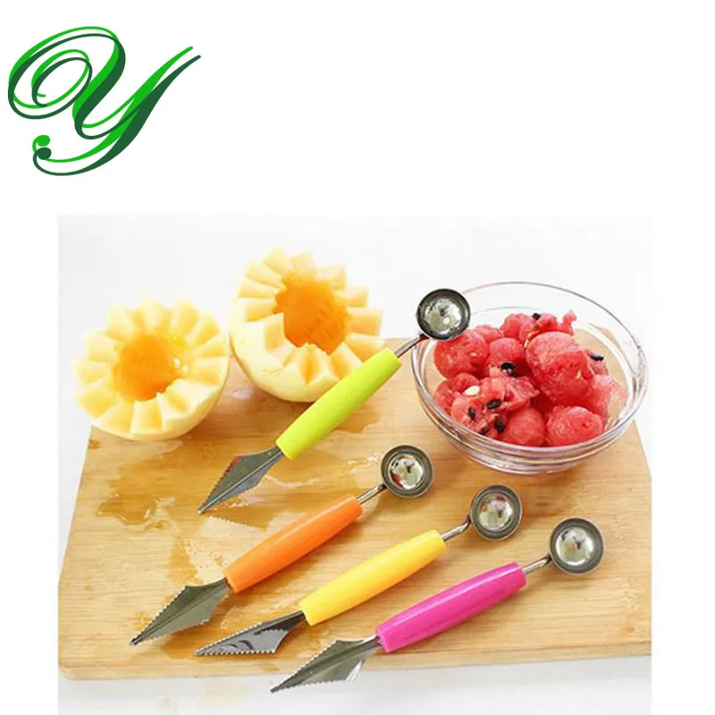 Vattenmelon slicer cutter frukt carving verktyg glass dubbla baller scoops rostfritt stål pitaya frukt grönsaksverktyg salladskedar för barn