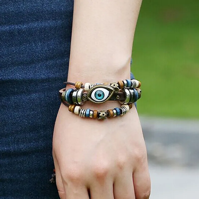 Retro Turkish Eye Charm Bracelet For Men Women Multilayer Wristband Adjustable Chain Leather Bracelet Vintage Jewelry 5 Colors In Stock