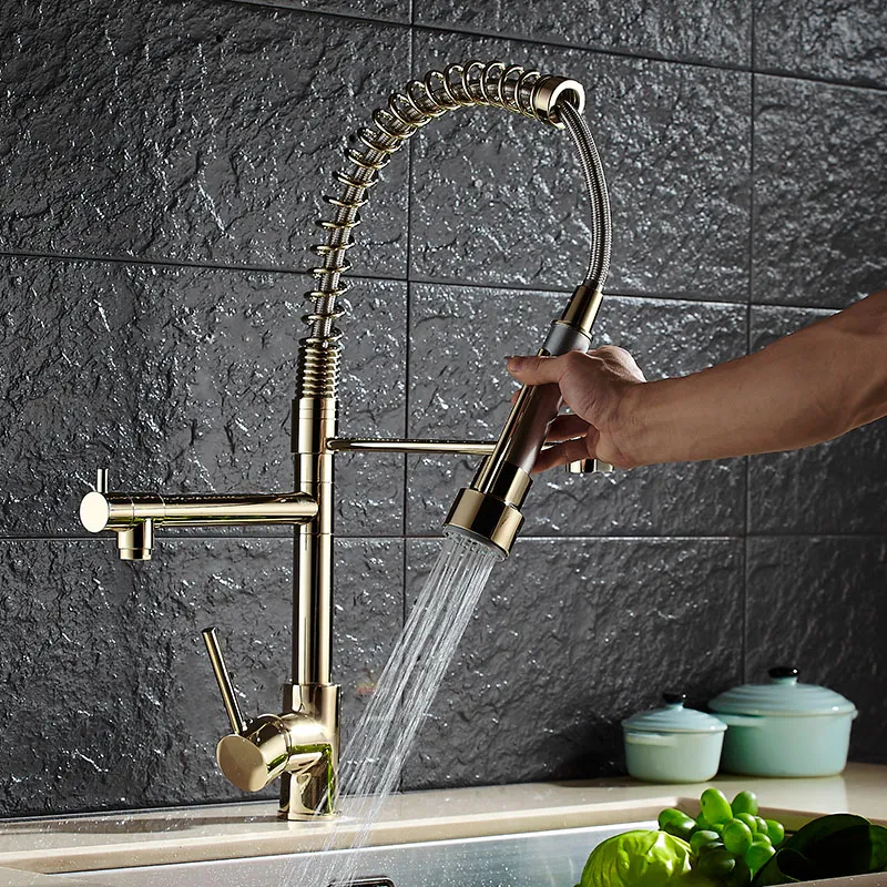 Wholesale- Gold Color New Kitchen Faucet Tap Two Swivel Spouts Extensible Spring Mixer Tap Gold Pull Out Down Kitchen Sink Faucet