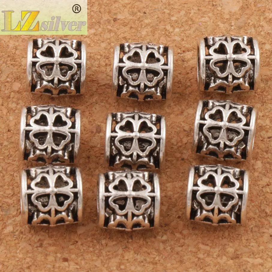 Tubo de aleación Trébol Redondo Metal Agujero grande Granos sueltos 122 unids / lote 9x9x9 mm Plata antigua Fit Pulseras europeas Joyería DIY L1392238x