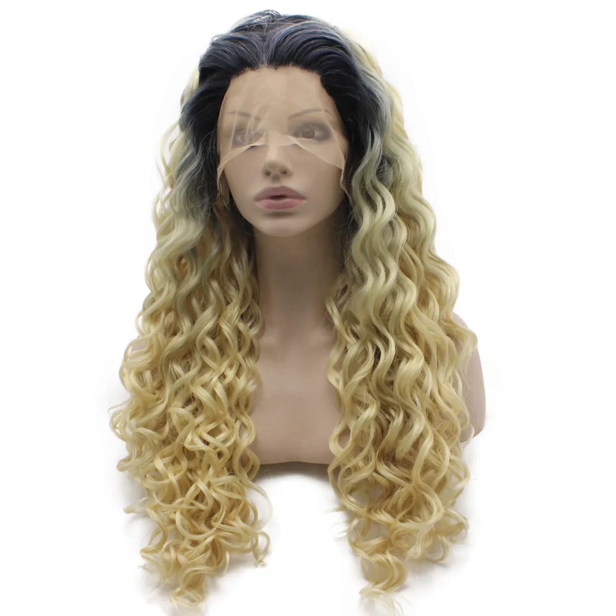 Long Curly 613 Blond Heat Friendly Fiber Hair Ombre Lace Front Wig