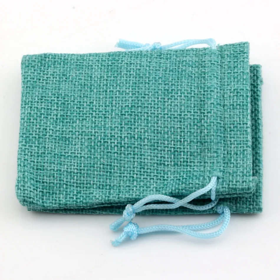 Sacs à cordon en tissu de lin pochettes cadeaux pour bijoux et bonbons, sacs en toile de Jute 7x9cm / 10x14cm / 13x18cm couleur Turquoise