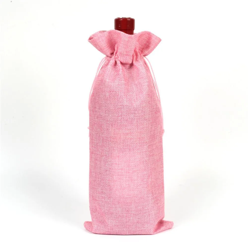 16 * 36cm Linen Drawstring red Bags Wine bottle packaging Jute pouches custom logo.