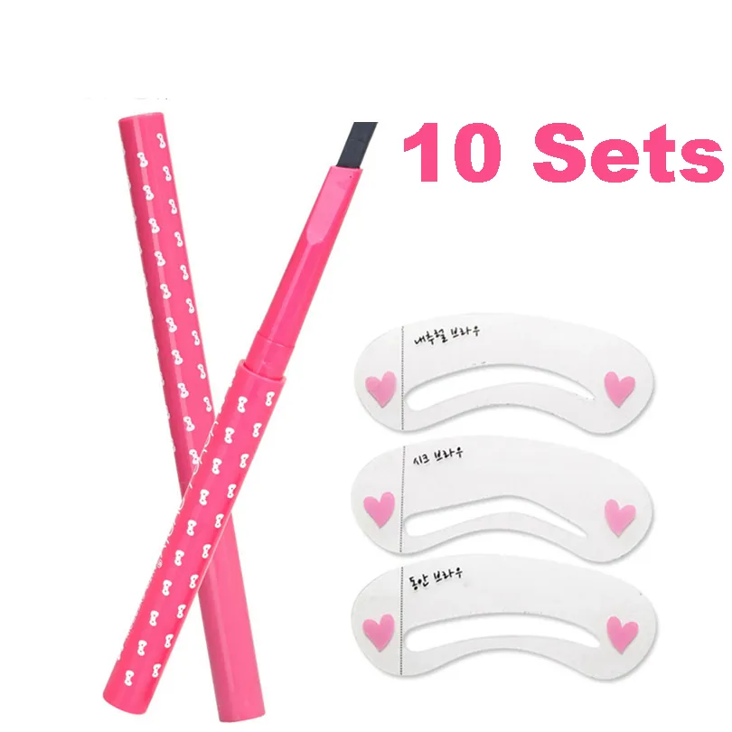 Wholesale 10 Sets Eyebrow Pencil 5 Colors and Eyebrow Stencils 3 Shapes Automatic Eyebrow Liner Long Lasting Waterproof Durable