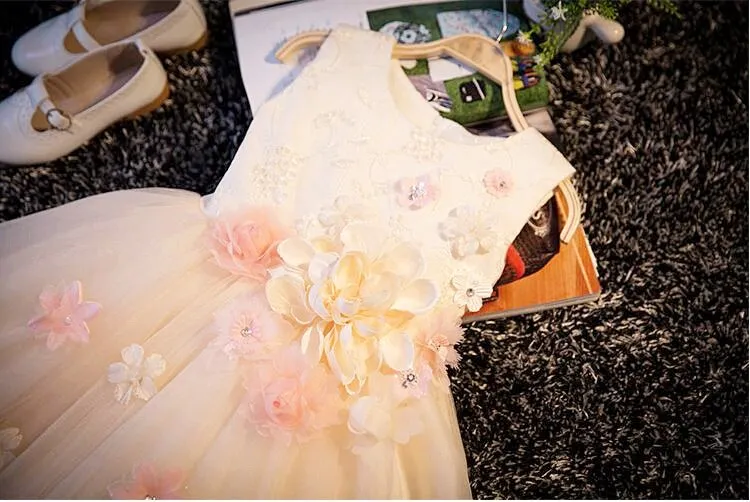 С блестками аппликации цветок девушка шампанское крещение свадьба на вечеринке Pageant платье детское мяч платья детская подружка невесты одежда