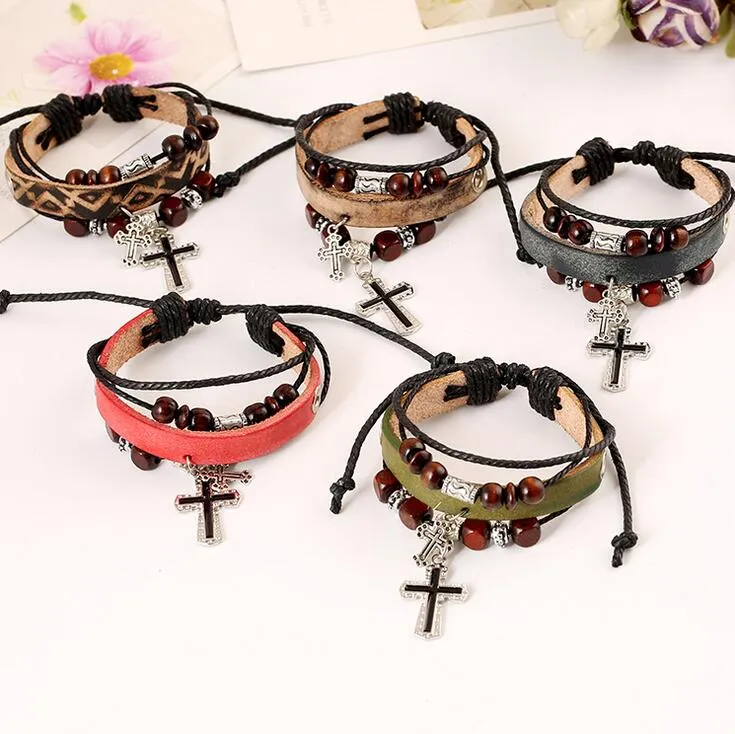 Good A++ Beaded cross leather leather bracelet burst leather bracelet FB057 mix order 20 pieces a lot Charm Bracelets