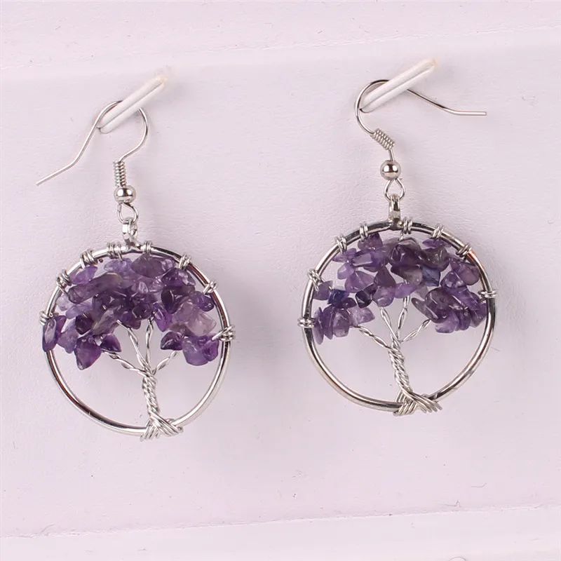 Livets träd Örhängen Wire Tree Dangle Örhängen Naturinspirerad Semi Precious Healing Crystal Chakra Stone Amethyst Turkos Gröna Smycken