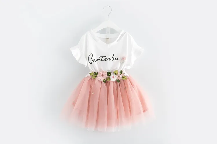 Корейский лето 2017 Baby Girls одежда платье одежда белая буква футболка цветок TUTU юбка 2 шт. Устанавливает цветочные детские одежды одежды A488