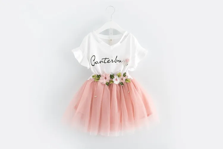 Verão coreano 2017 bebê meninas roupas vestido ternos brancos letra camiseta flor tutu saia conjuntos de roupas florais roupas roupas a488