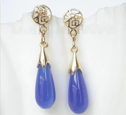 Genuine Dangle 8*21mm drop blue jade Earrings filled gold post e1801