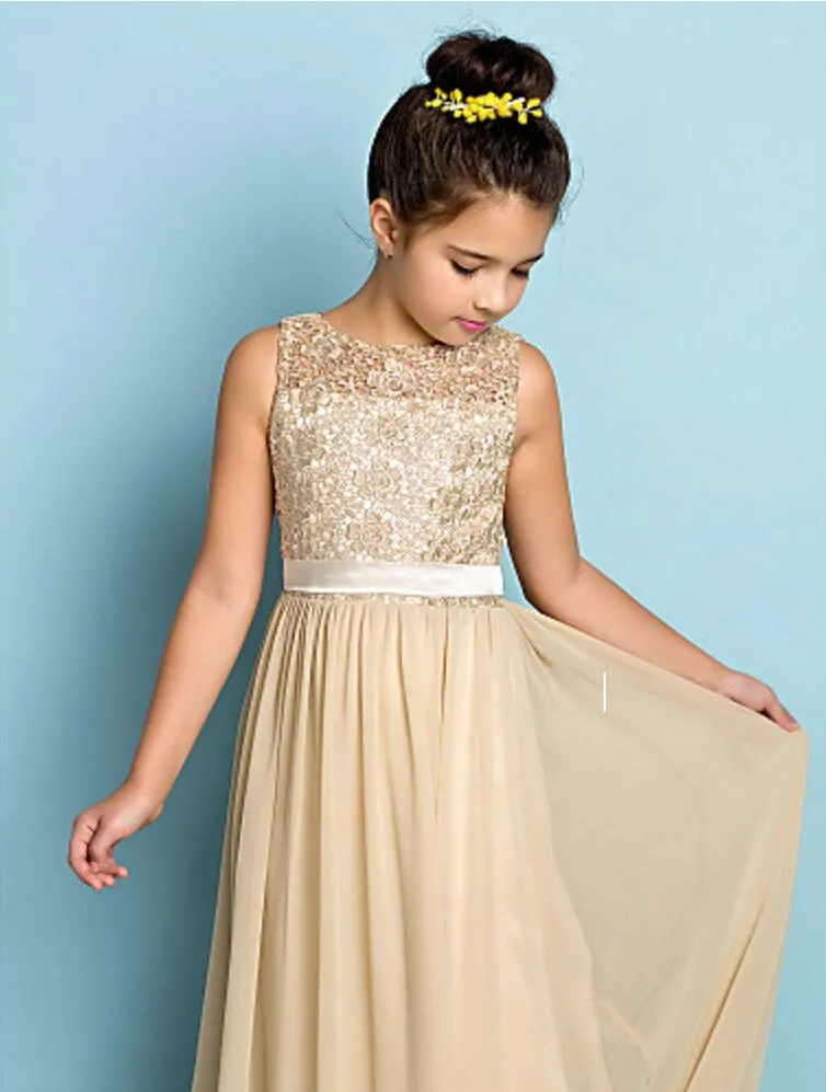 Champagne lace júnior dama de honra vestidos de chão-comprimento chiffon longo A-linha Scoop flor meninas vestidos para damas de honra barato