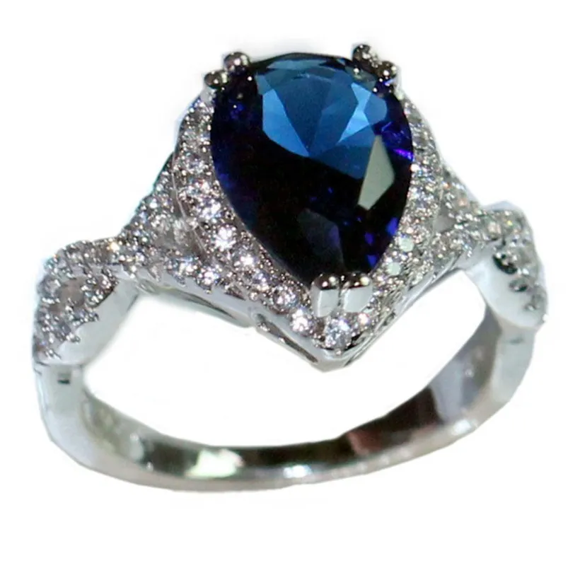 925 coroa de prata esterlina delicado em forma de pêra azul safira gota de água gemstone anel tamanho do dedo 5-10