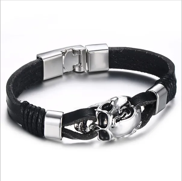 Mens Gothic Skull Cuff Bracelet: Black Leather, Stainless Steel