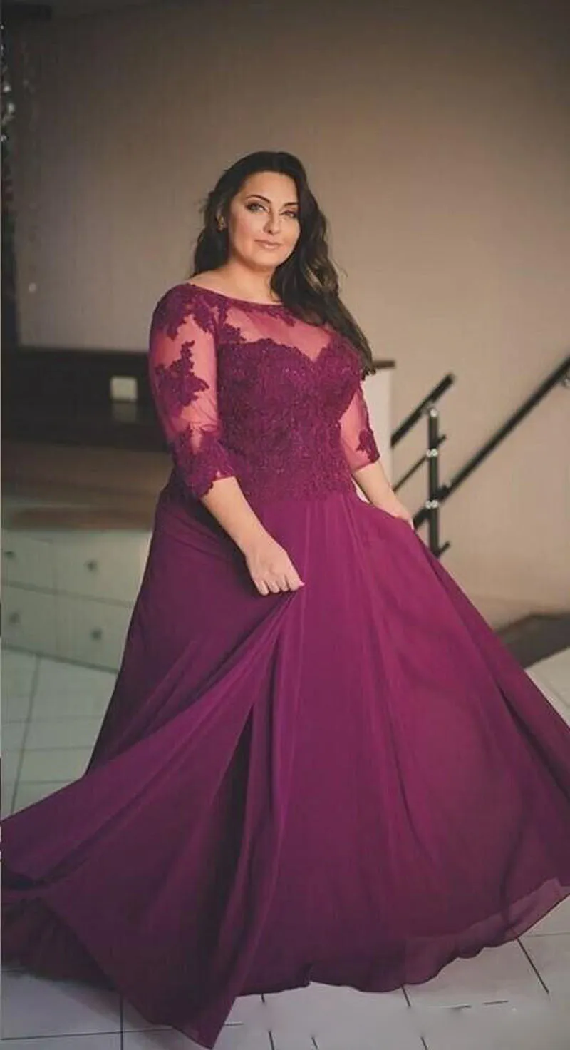 Plus Size 2017 Burgundy Evening Dresses Applique Half Long Sleeve Prom Gowns Sheer Neck Chiffon A Line Formal Party Dresses Custom Made