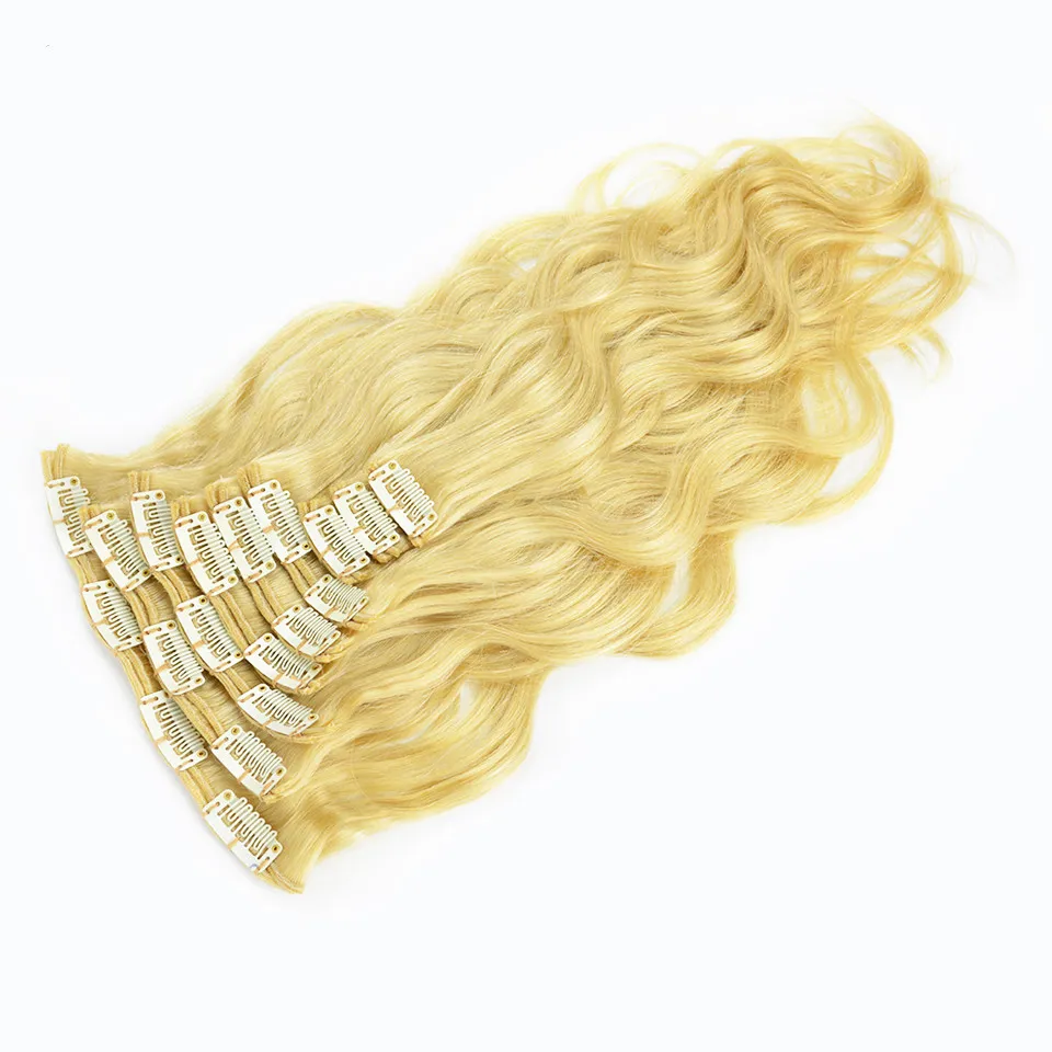 Brésilien Remy cheveux Clip-in Tête Complète Extensions de Cheveux Humains Vague de Corps Blonde Couleur 613 / Set 120G 14-28 pouces