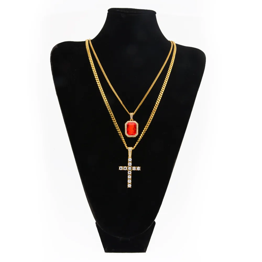 Bling Rhinestone Cross Pendant With Red Ruby Bouble Pendants Necklaces Set With 3mm&5mm Cuban Link Chain Necklace